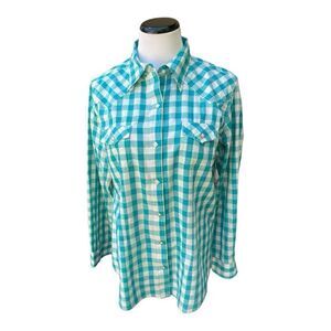 Wrangler Shirt Women’s Sz Large Green Gingham Check Pearl Snap Rodeo Western EUC